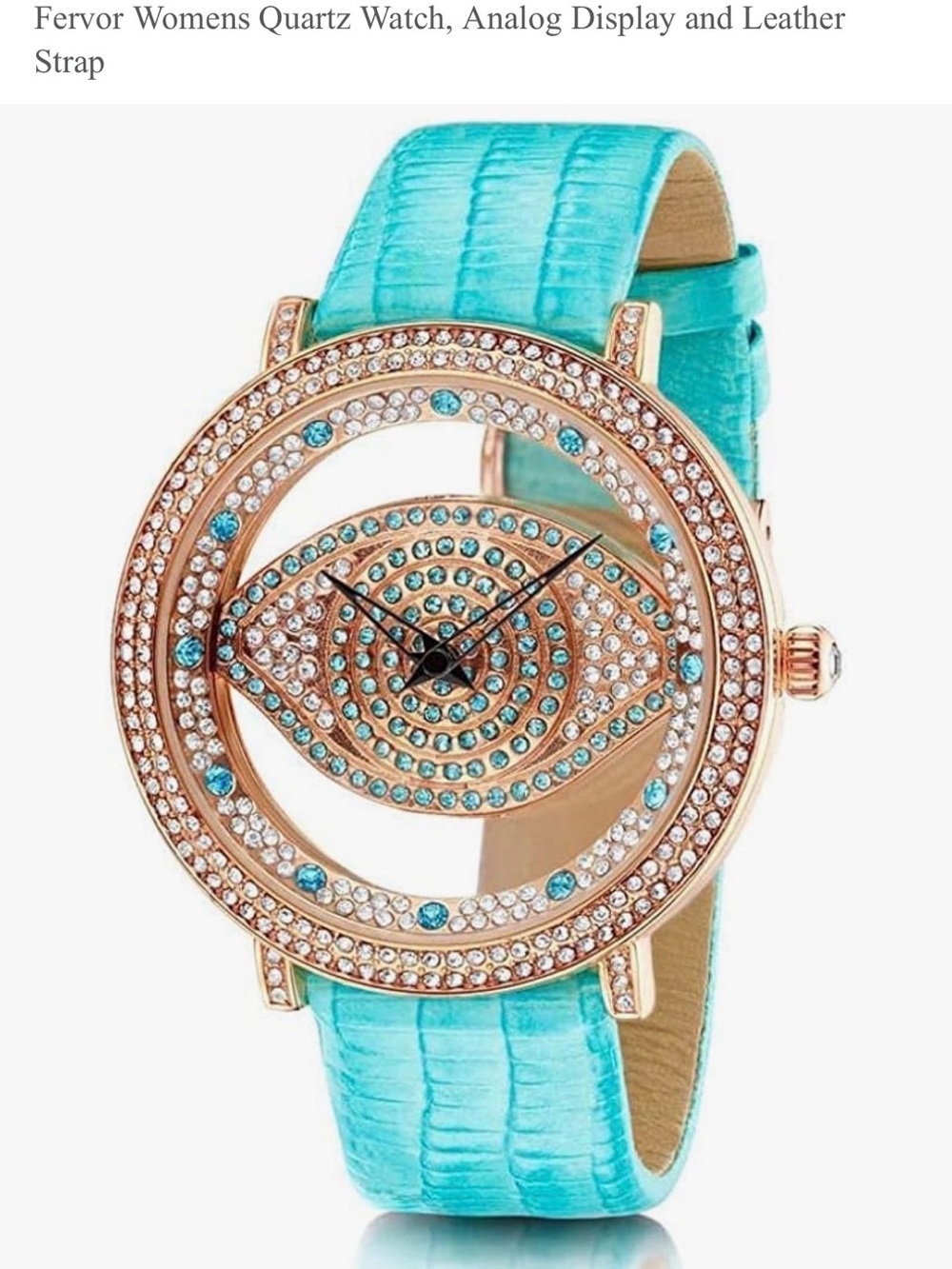 Turquoise Crystal Eye Leather Strap Watch - Rose Gold
